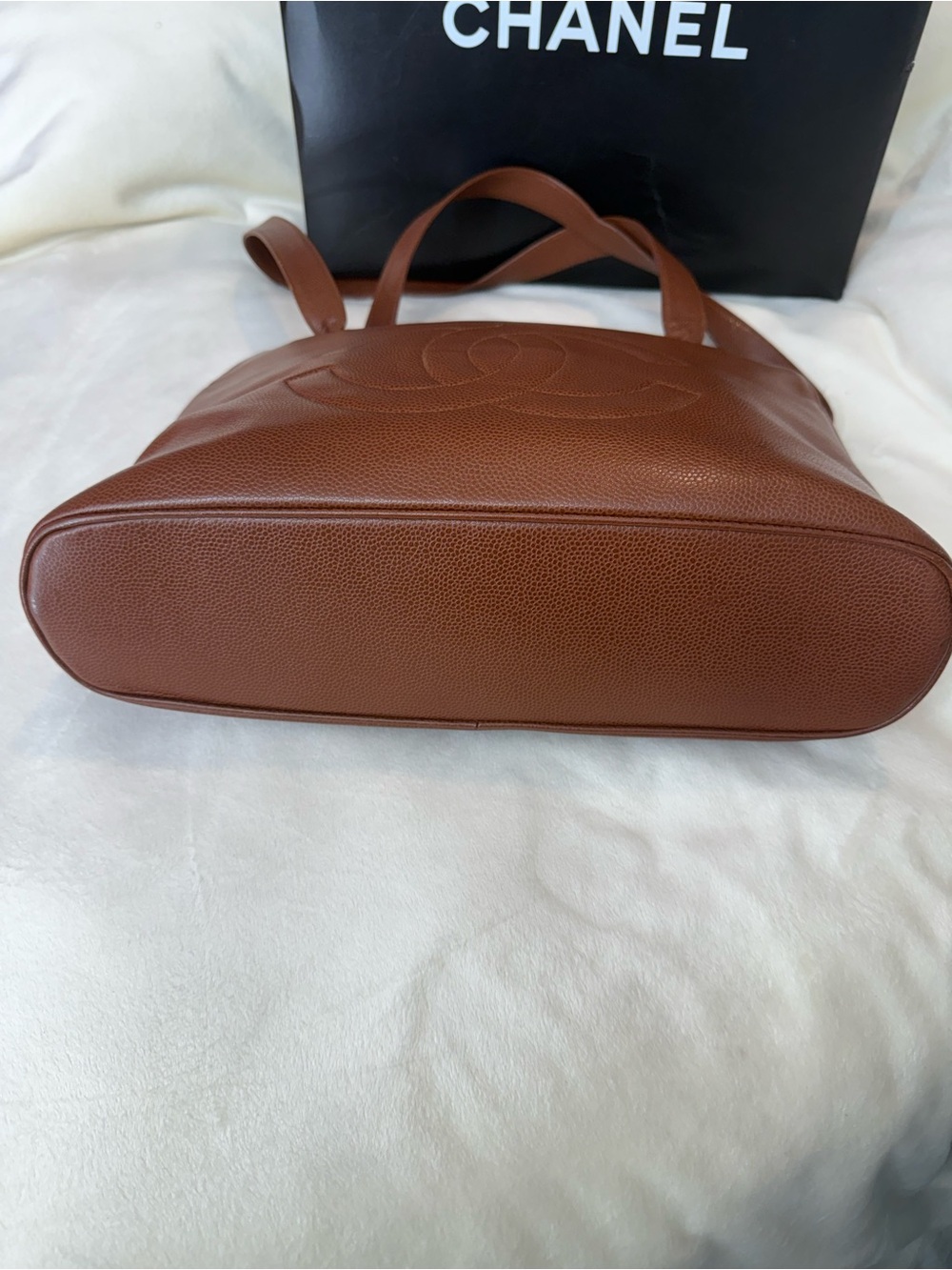 😍Fall🍁 Chanel Caviar Stitched CC Double Zip Caramel Brown Timeless Tote - Picture 9 of 14